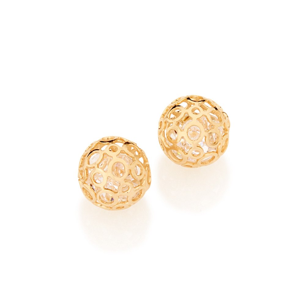 Brinco Solitário Banhado a Ouro 18K com Corações Brancos